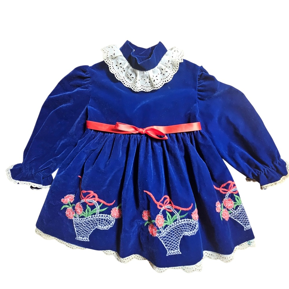 VTG Little Time JCPenney Velvet Dress Eyelet Lace Embroidery Girls 3 Victorian
